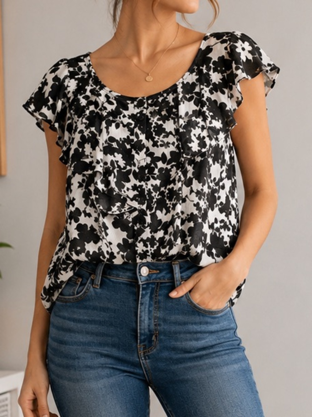 New York & Company Black and White Floral Blouse